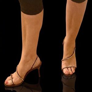 JULIEN MACDONALD black satin strappy sandal heels with rhinestones VTG